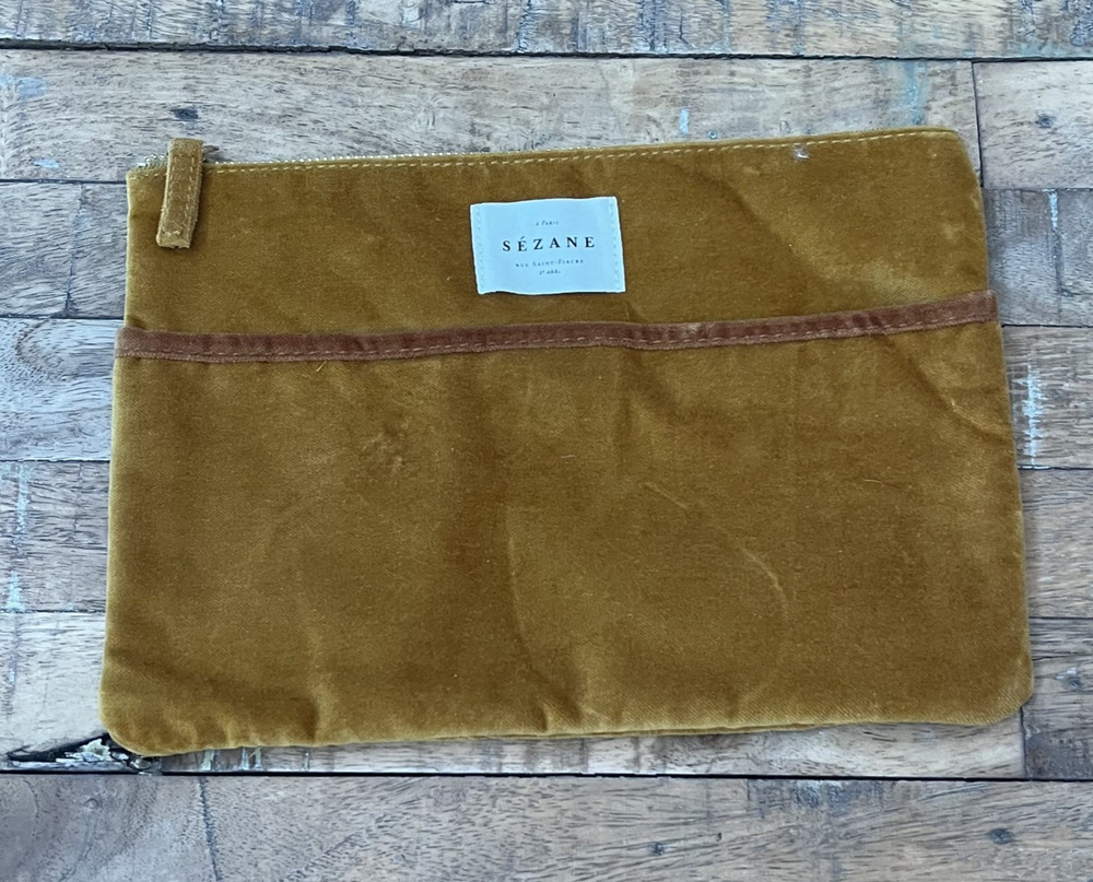 Sézane Paris Mustard Cotton Velvet Zip Pouch Clutch Cosmetic Bag 10.5”x7.5"